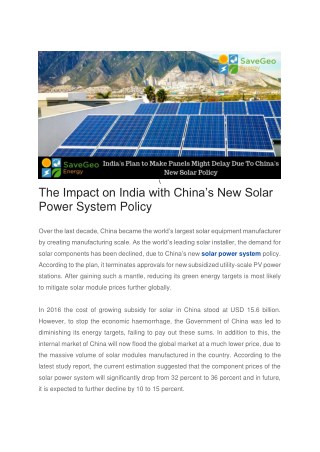 The Impact on India with Chinaâ€™s New Solar Power System Policy