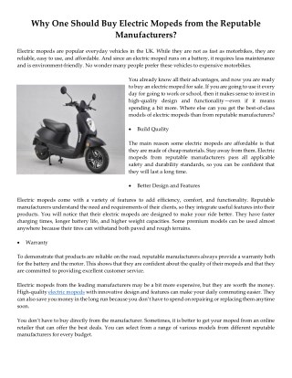Why One Should Buy Electric Mopeds from the Reputable Manufacturers?