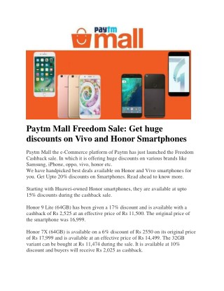 Paytm Mall Freedom Sale: Get huge discounts on Vivo and Honor Smartphones