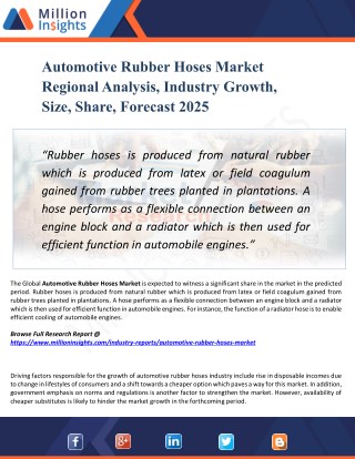 Automotive Rubber Hoses Market Analysis and Forecast to 2025 by Recent Trends, Development and Regional Growth Overview