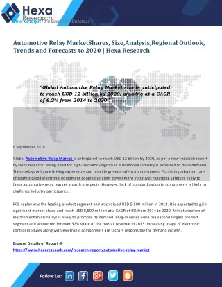 Research Insights on Global Automotive Relay Market Size, Share, Growth and Forecast to 2020