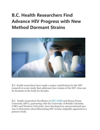 B.C. Health Researchers Find Advance HIV Progress with New Method Dormant Strains