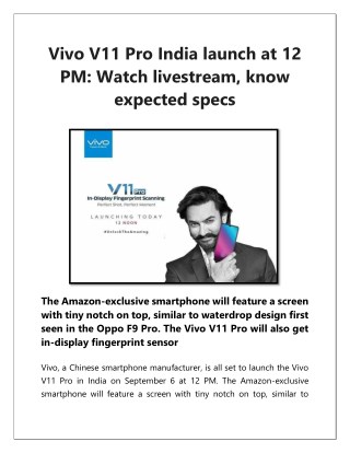 Vivo V11 Pro India launch at 12 PM: Watch livestream, know expected specs