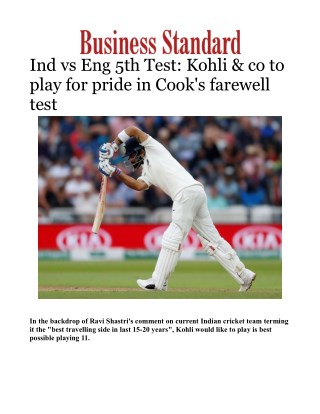 Ind vs Eng 5th Test: Kohli & co to play for pride in Cook's farewell testÂ 