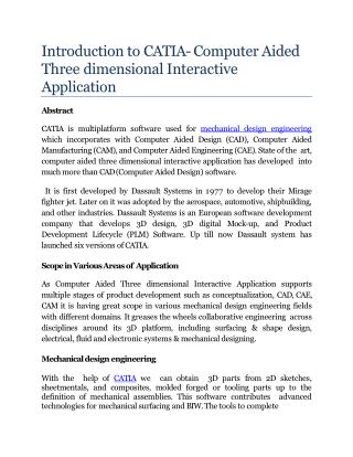 Introduction to CATIA- Computer Aided Three dimensional Interactive Application