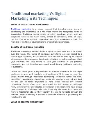 Traditional marketing Vs Digital Marketing & its Techniques