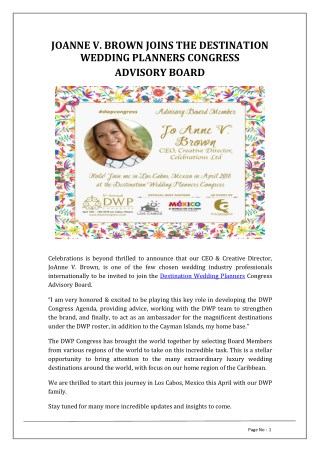 JOANNE V. BROWN JOINS THE DESTINATION WEDDING PLANNERS CONGRESS ADVISORY BOARD | Celebrations LTD