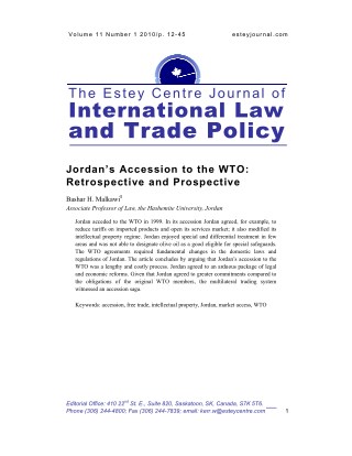 Jordan Accession to the WTO: Retrospective and Prospective by Bashar H. Malkawi