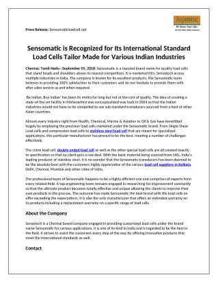 Sensomatic Is Recognized For Its International Standard Load Cells Tailor Made For Various Indian Industries