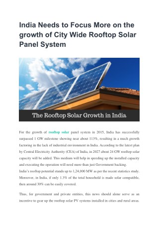 India Needs to Focus More on the growth of City Wide Rooftop Solar Panel