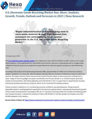 U.S. Electronic Goods Recycling Market is Projected to Grow USD 15.23 Billion by 2025