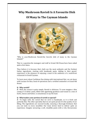 Why Mushroom Ravioli is a Favourite Dish of Many in the Cayman Islands