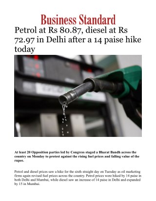 Petrol at Rs 80.87, diesel at Rs 72.97 in Delhi after a 14 paise hike today