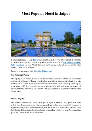 Most Popular Hotel in Jaipur