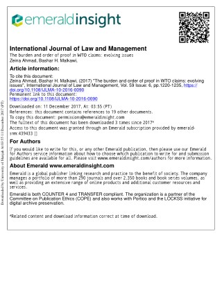 he burden and order of proof in WTO claims: evolving Issues by Zeina Ahmad and Bashar H. Malkawi