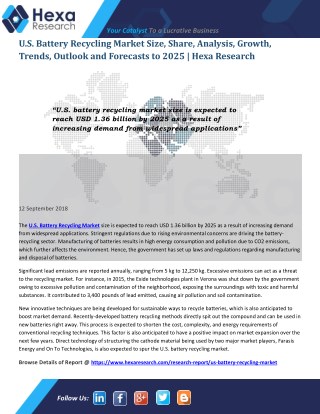 U.S. Battery Recycling Market Size, Application Analysis and Regional Outlook Report