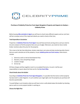 Purchase of Celebrity Prime Eco Front Jigani Bangalore Property and Aspects to Analyze â€“ Celebrity Prime