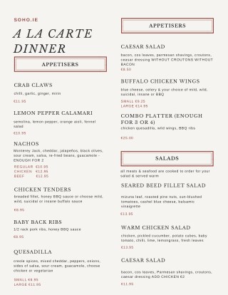 SOHO Menu - Dinner Cork