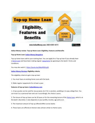 Indian Money review -Top-up Home Loan: Eligibility, Features and Benefits