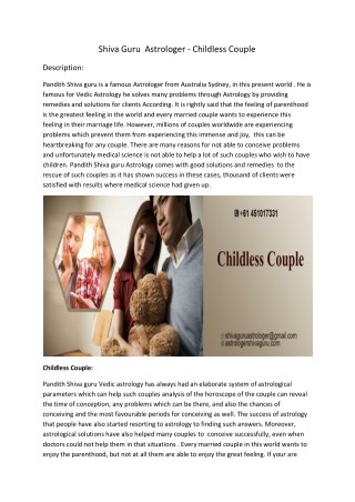 Shiva Guru Astrologer - Childless Couple Consultant in Sydney, Australia.