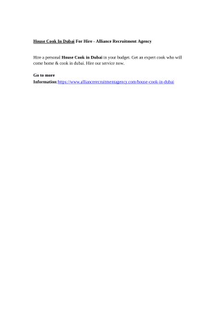 House Cook In Dubai For Hire - Alliance Recruitment Agency