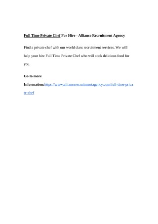 Full Time Private Chef For Hire - Alliance Recruitment Agency
