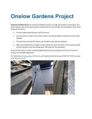 Property Facilities Group For Onslow Gardens Project