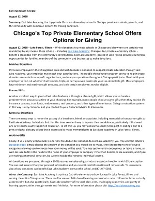 Chicagoâ€™s Top Private Elementary School Offers Options for Giving