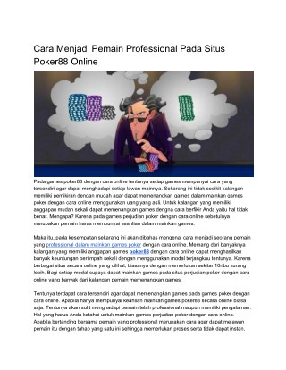 Cara Menjadi Pemain Professional Pada Situs Poker88 Online