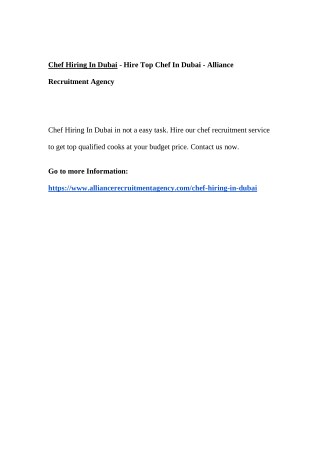 Chef Hiring In Dubai - Hire Top Chef In Dubai - Alliance Recruitment Agency