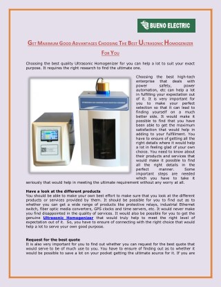 Get maximum good advantages choosing the best Ultrasonic Homogenizer for you - Bueno Electric