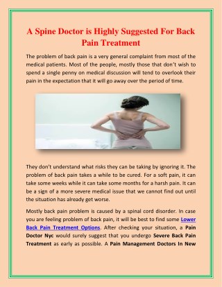 A Spine Doctor is Highly Suggested For Back Pain Treatment