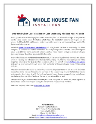 One-Time Quiet Cool Installation Cost Drastically Reduces Your Ac Bills!