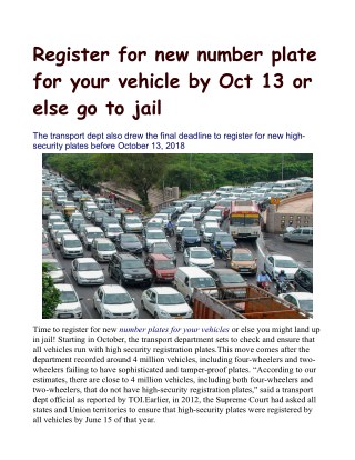 Register for new number plate for your vehicle by Oct 13 or else go to jail