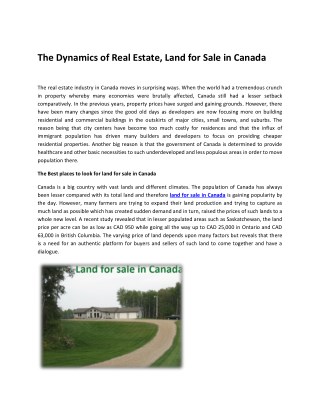 The Dynamics of Real Estate, Land for Sale in Canada