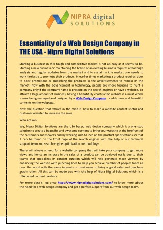 Essentiality of a Web Design Company in USA - Nipra Digital Solutions