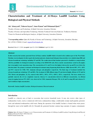 Characterization and Treatment of Al-Menya Landfill Leachate Using Biological and Physical Methods