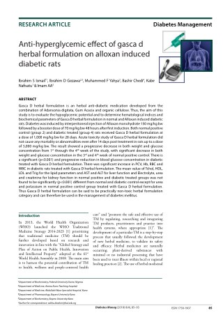 Anti-hyperglycemic effect of gasca d herbal formulation on alloxan induced diabetic rats