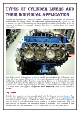 Types of Cylinder Liners and Their Individual Application