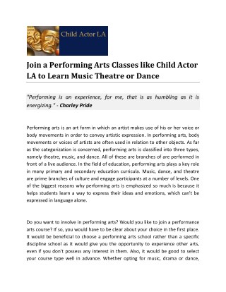 Join a Performing Arts Classes like Child Actor LA to Learn Music Theatre or Dance