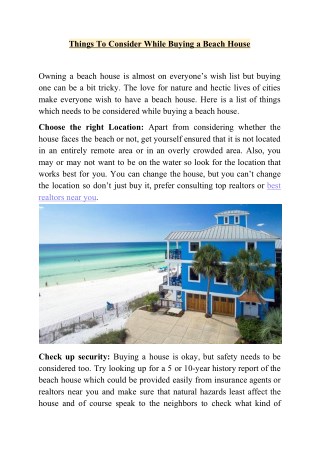 Things To Consider While Buying a Beach House