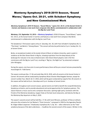 Monterey Symphonyâ€™s 2018-2019 Season, â€˜Sound Waves,â€™ Opens Oct. 20-21, with Schubert Symphony