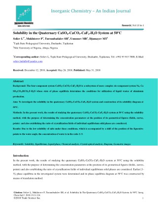Solubility in the Quaternary CaSO4Ë—CaCO3Ë—CaF2Ë—H2O System at 50ÂºC