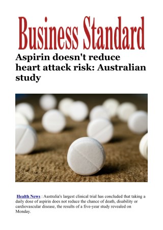 Aspirin doesn't reduce heart attack risk: Australian study