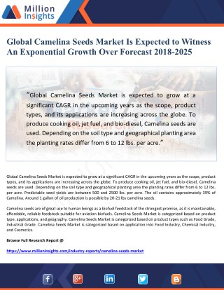 Global Camelina Seeds Market Is Expected to Witness An Exponential Growth Over Forecast 2018-2025