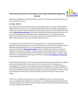 1010 Genome Presents an All-Inclusive Line of Next-Generation Sequencing Services