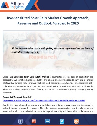 Dye-sensitized Solar Cells Market Growth Approach, Revenue and Outlook Forecast to 2025