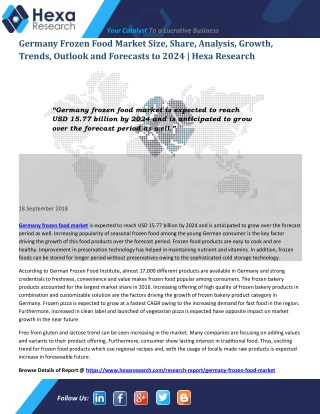 Germany Frozen Food Market is Projected to Grow USD 15.77 Billion by 2024 | Hexa Research