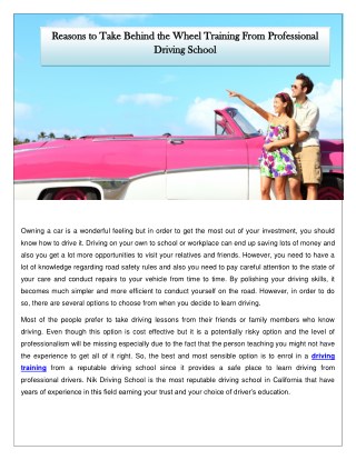 Reasons to Take Behind the Wheel Training From Professional Driving School