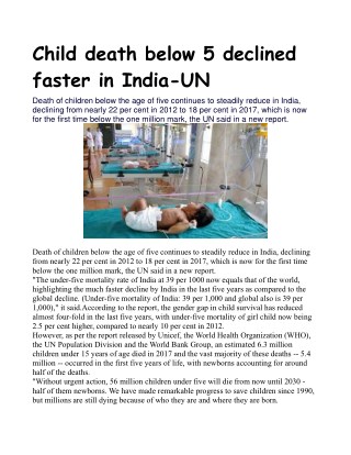 Child death below 5 declined faster in India: UN